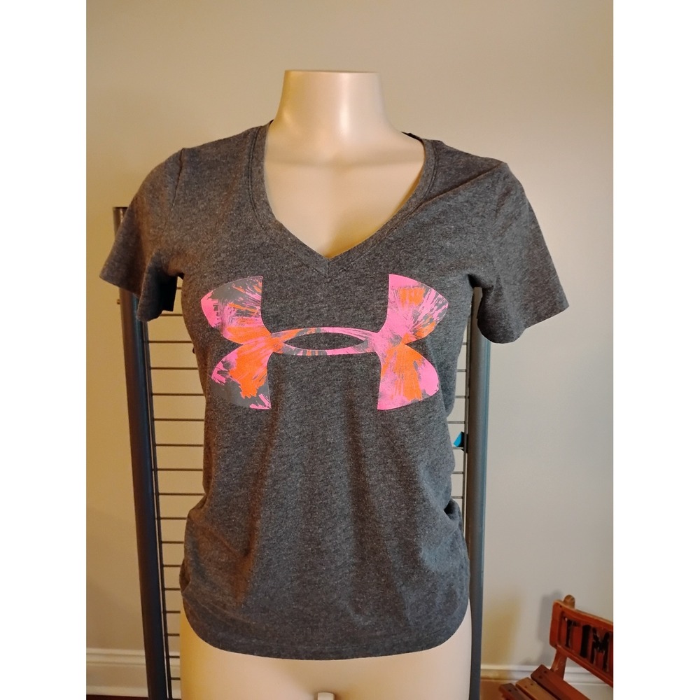 Under Armour Womens HeatGear V-Neck T-Shirt Gray Pink Logo XS Fitted 561